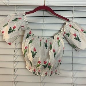 White w/ Floral Design Crop Top.